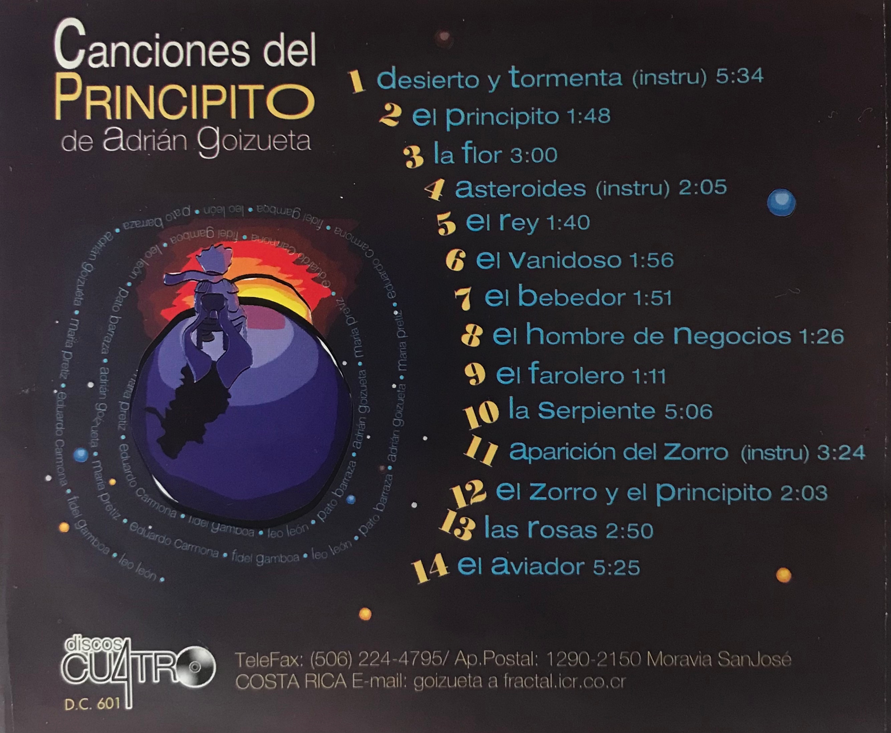Contratapa de Adrián Goizueta — Canciones del Principito