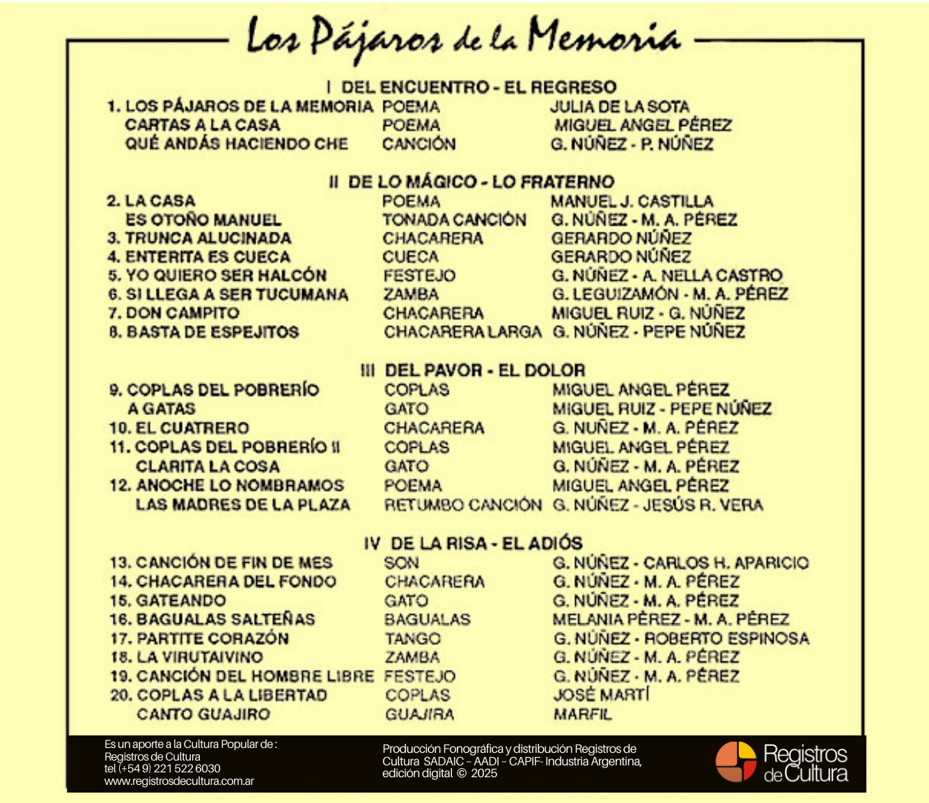 Contratapa de Gerardo Nuñez/ Migel Angel Pérez/ Melania Pérez — Los pajaros de la memoria
