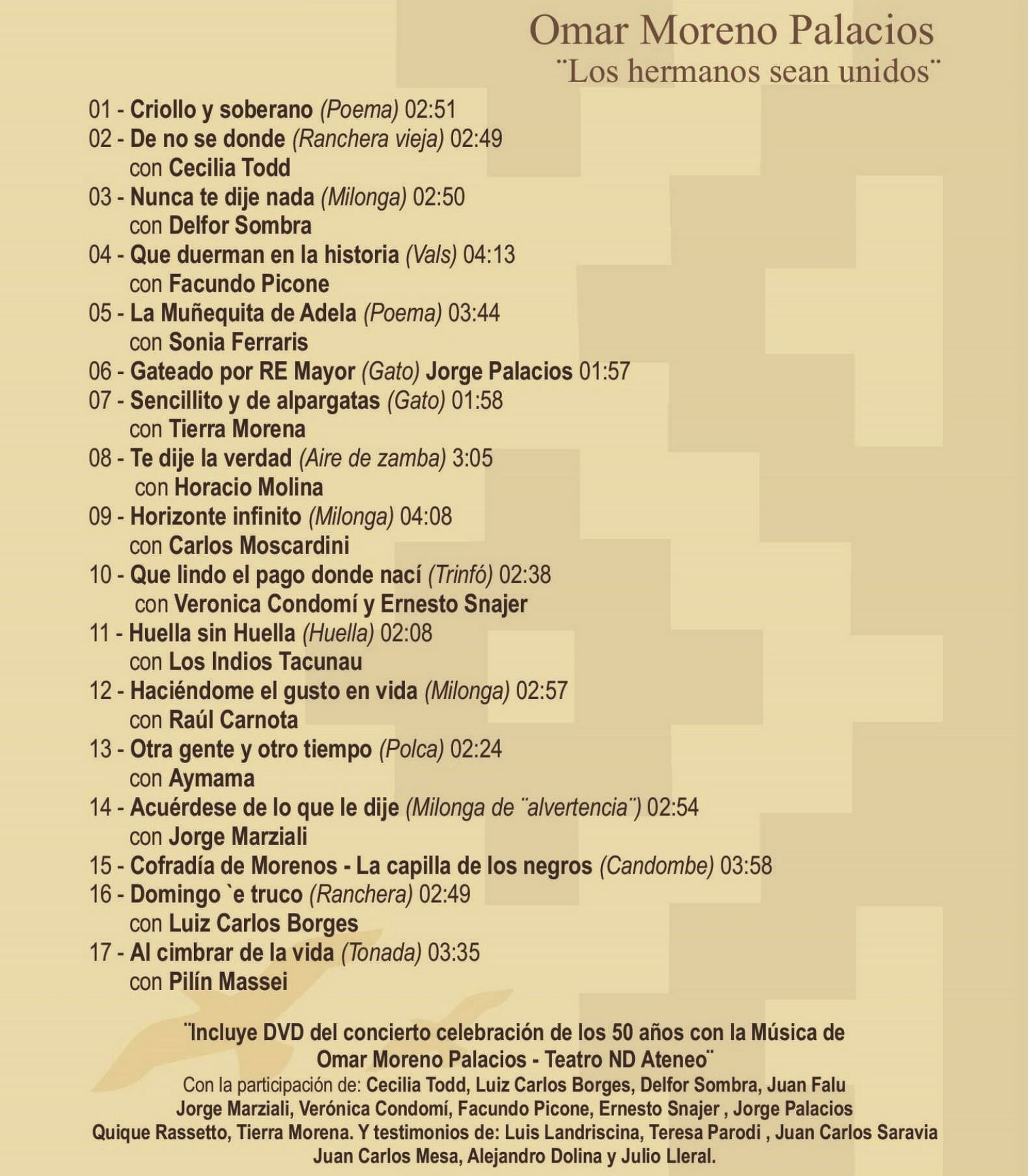 Contratapa de Omar Moreno Palacios — Los hermanos sean unidos