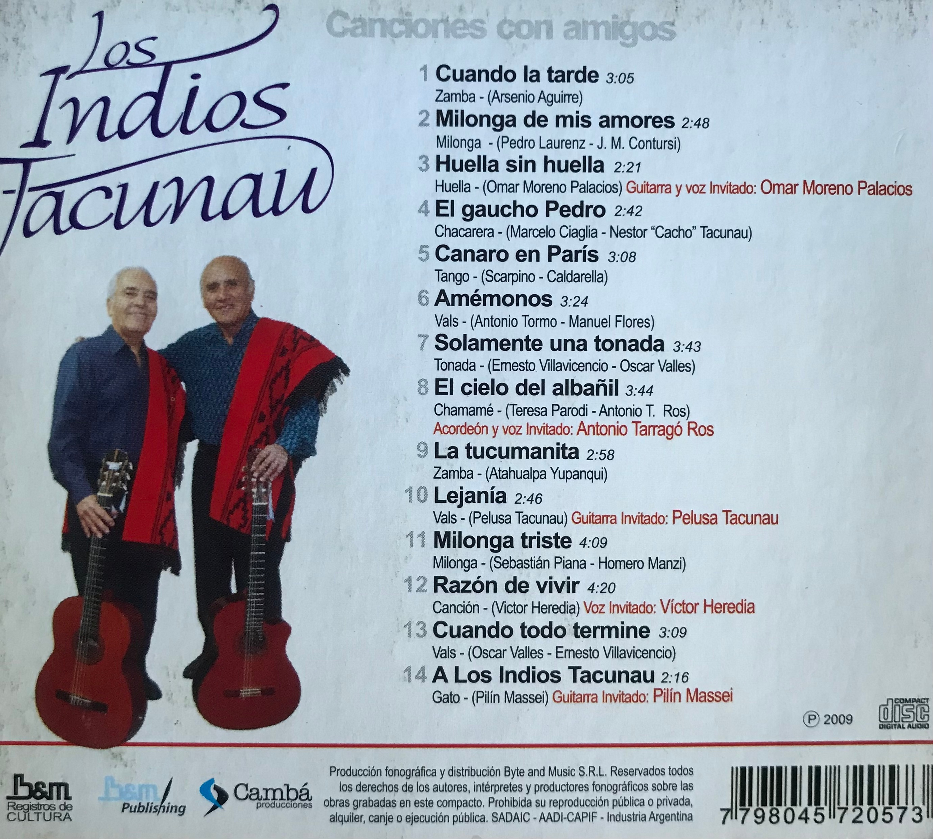 Contratapa de Los Indios Tacunau con Omar Moreno Palacios — Canciones Con Amigos